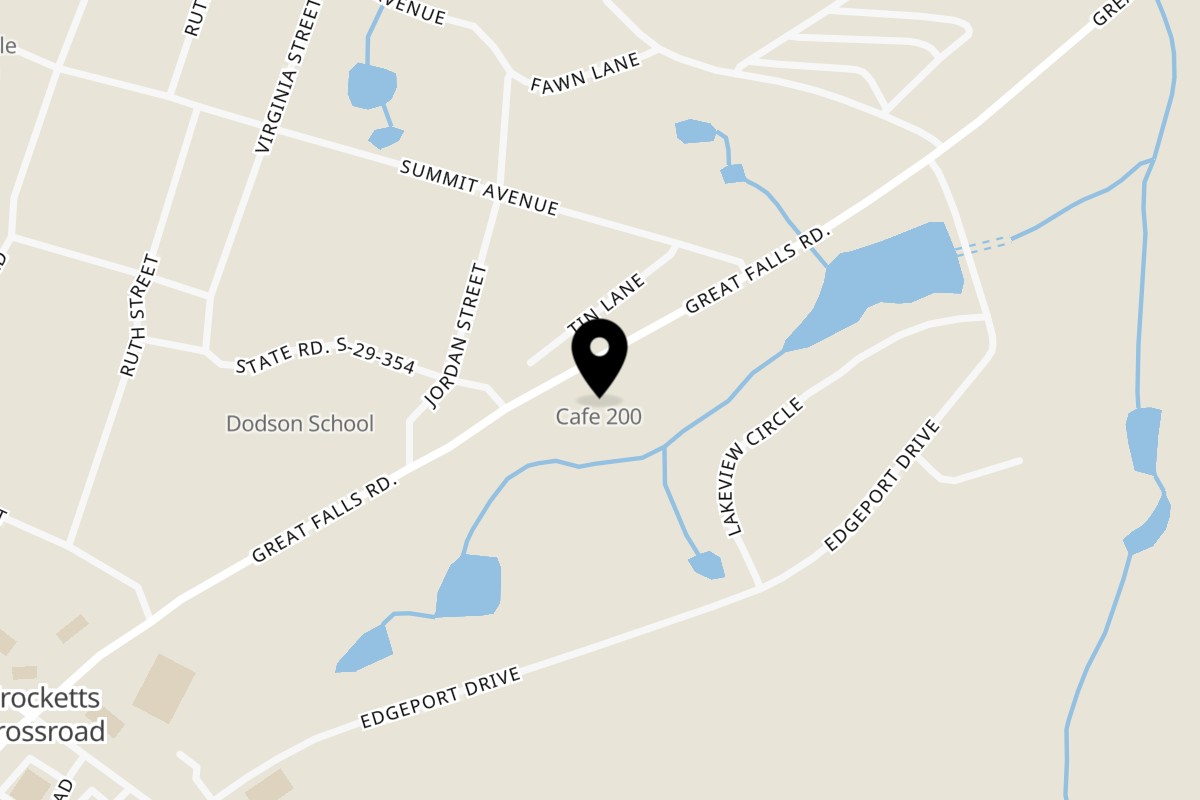 Map showing the location of Cafe 200 on 1691 Great Falls Rd in Lancaster